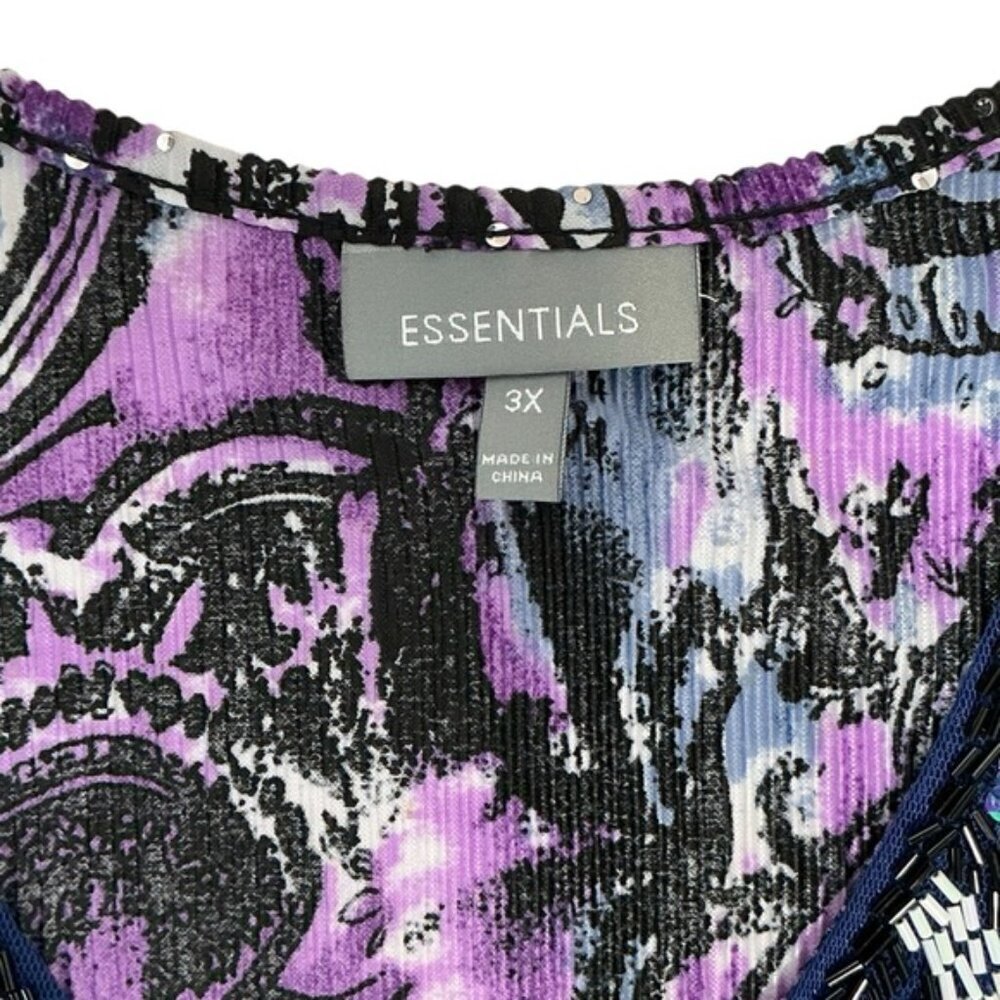 Essentials Sequin Top Beaded Flutter Sleeve Pullover Blouse Purple Teal Plus 3X - Picture 4 of 15